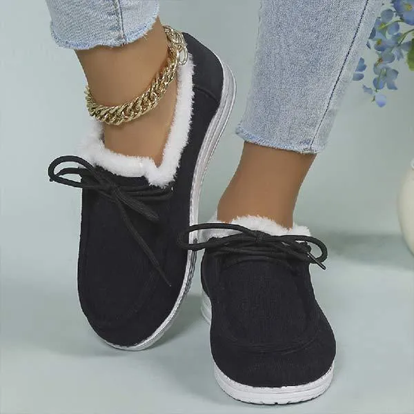 Women's Lace-Up Flat Fur-Lined Canvas Shoes 71098797C