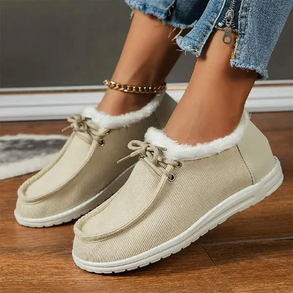 Women's Lace-Up Flat Fur-Lined Canvas Shoes 71098797C